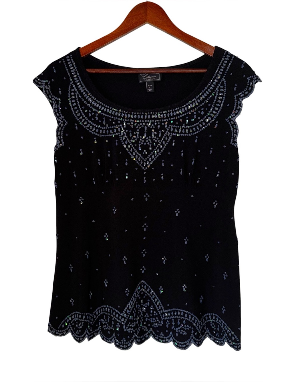 Dressbarn Petite L Black Beaded Sequin Scalloped Evening Party Top